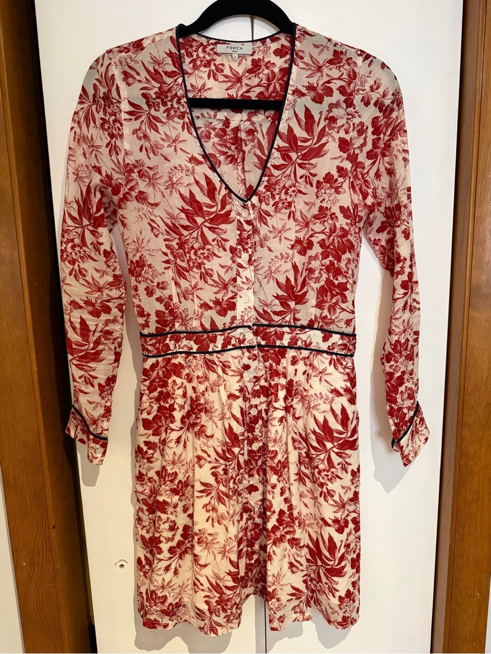 FRNCH Red White Floral Button Front Dress Piping Accent Cottagecore - Size S